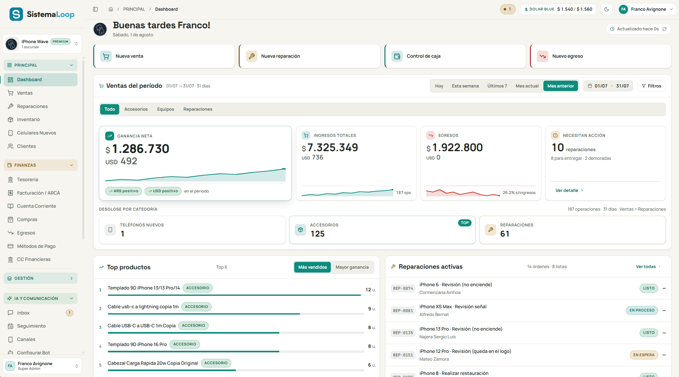 Dashboard real de SistemaLoop: ganancia neta, ingresos, egresos, reparaciones activas y dólar blue en vivo